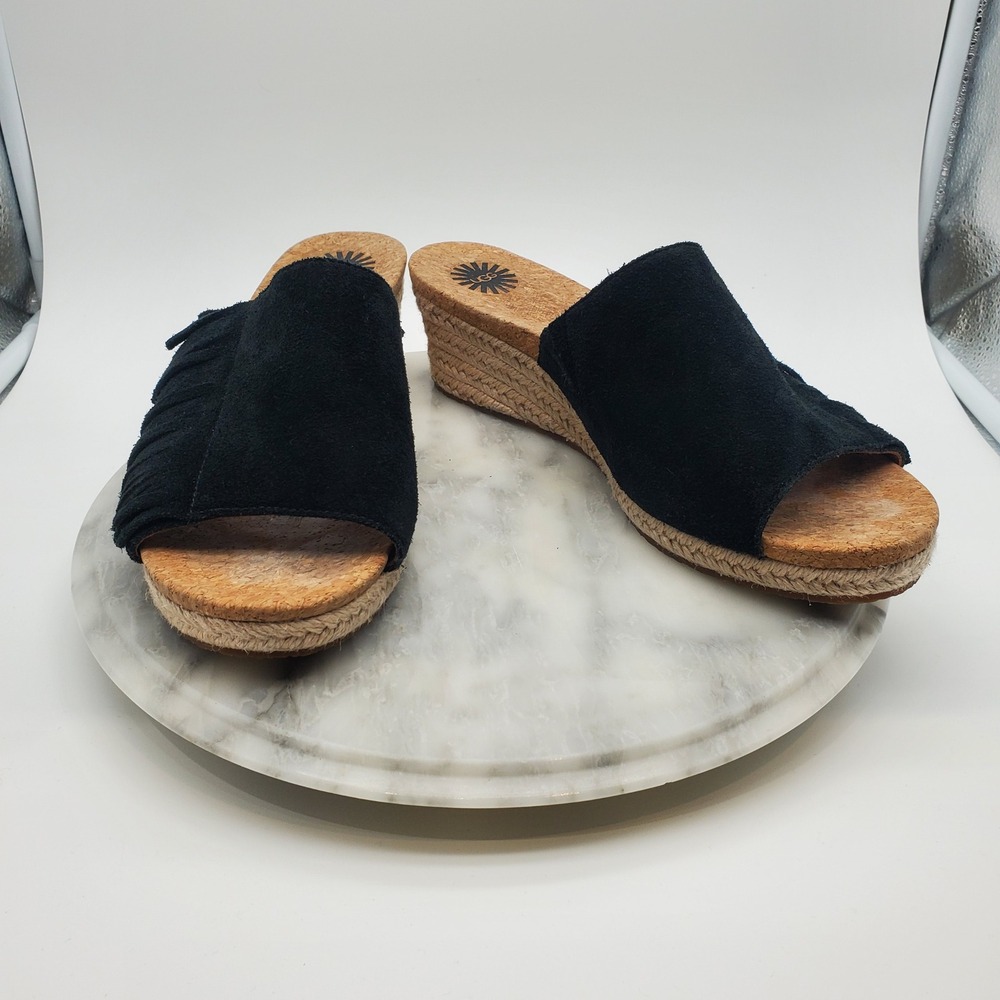 UGG Danes Black Suede Fringe Espadrille Wedge Sandals Slide Mules 1014957 Size 9